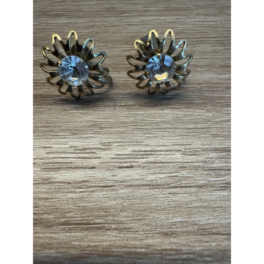 Rhinestone Gold Tone Metal Flower Screw Back Earrings Vintage